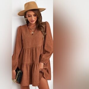 NWT Medium Cupshe Burnt Orange Brown Bernadette V-Neck Tiered Mini Dress